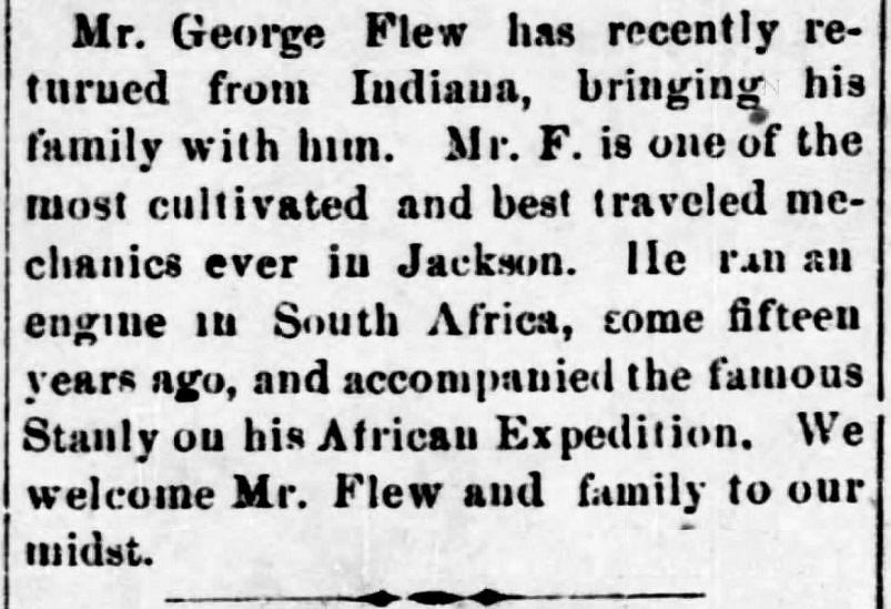 George Flew's return to Jackson, Jan 1881